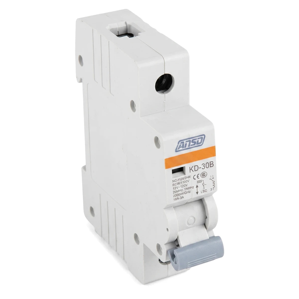 White single pole DIN rail circuit breaker, 32A 3Ka, shown from a slightly angled front view, featuring an orange label and