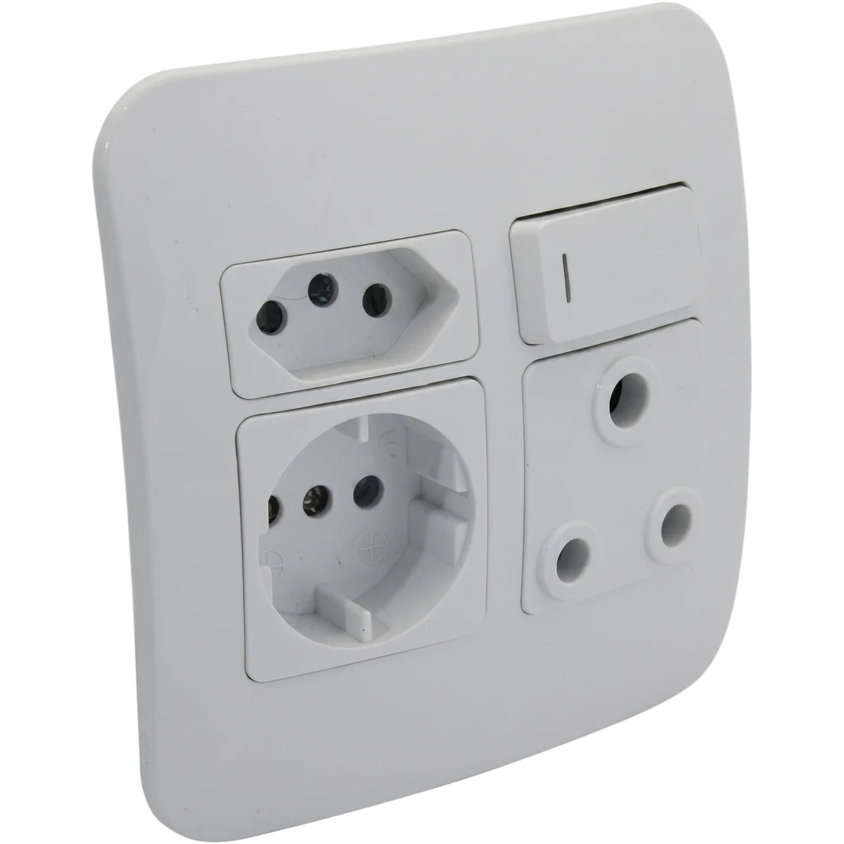 White single switched socket wall plate featuring one Type F Schuko, one Type K, and one Type M electrical outlets with a