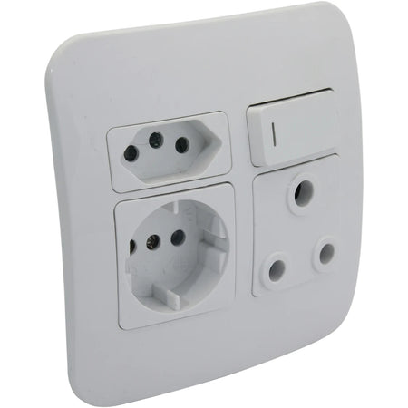 White single switched socket wall plate featuring one Type F Schuko, one Type K, and one Type M electrical outlets with a