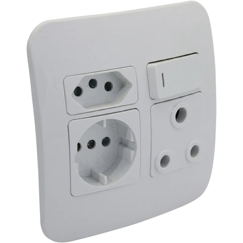 White single switched socket wall plate featuring one Type F Schuko, one Type K, and one Type M electrical outlets with a