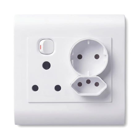 White single switched socket featuring a 16mm type, Schuko, and 3-pin round socket combination with an open cover.