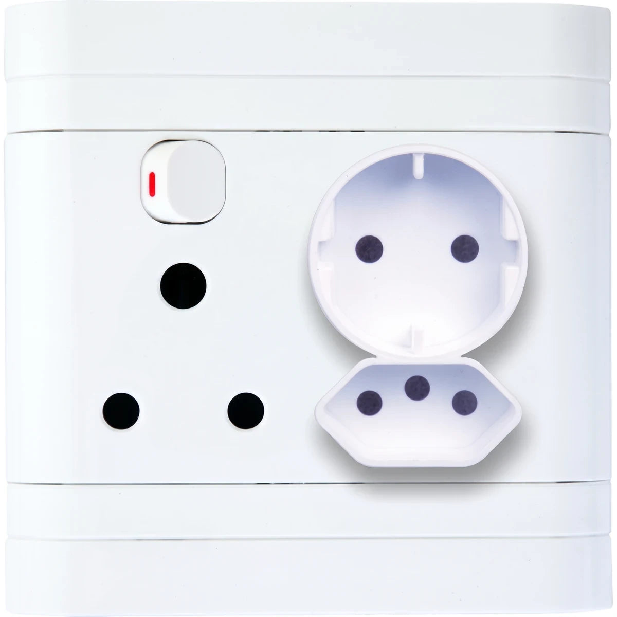 White single switched socket featuring a power switch, a three-pin Type M outlet, and two covered universal outlets for