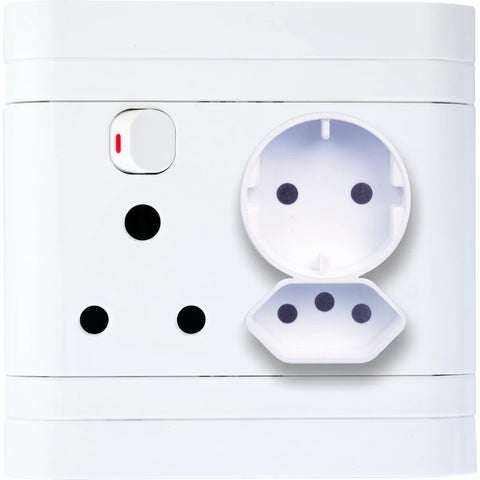 White single switched socket featuring a power switch, a three-pin Type M outlet, and two covered universal outlets for