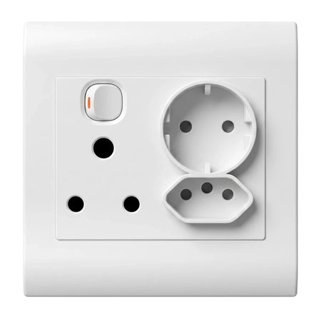 White single switched electrical wall socket featuring a 16A South African, Schuko, and 2-pin Type C outlet with an orange