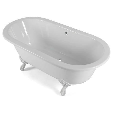 Elegant white slipper freestanding bathtub with ornate claw feet, viewed from an elevated angle, on a plain background.