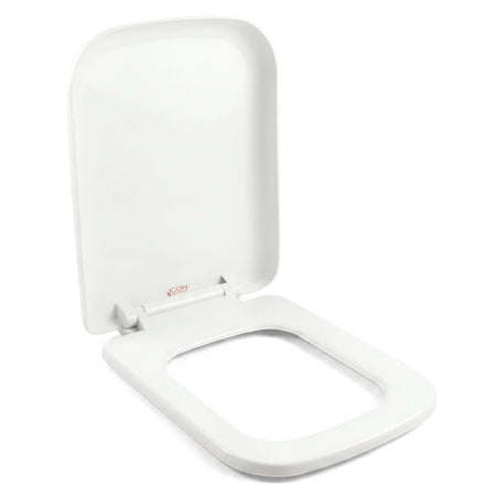 White soft close PVC square toilet seat with lid open, showcasing its modern design and red 'ICON' logo.