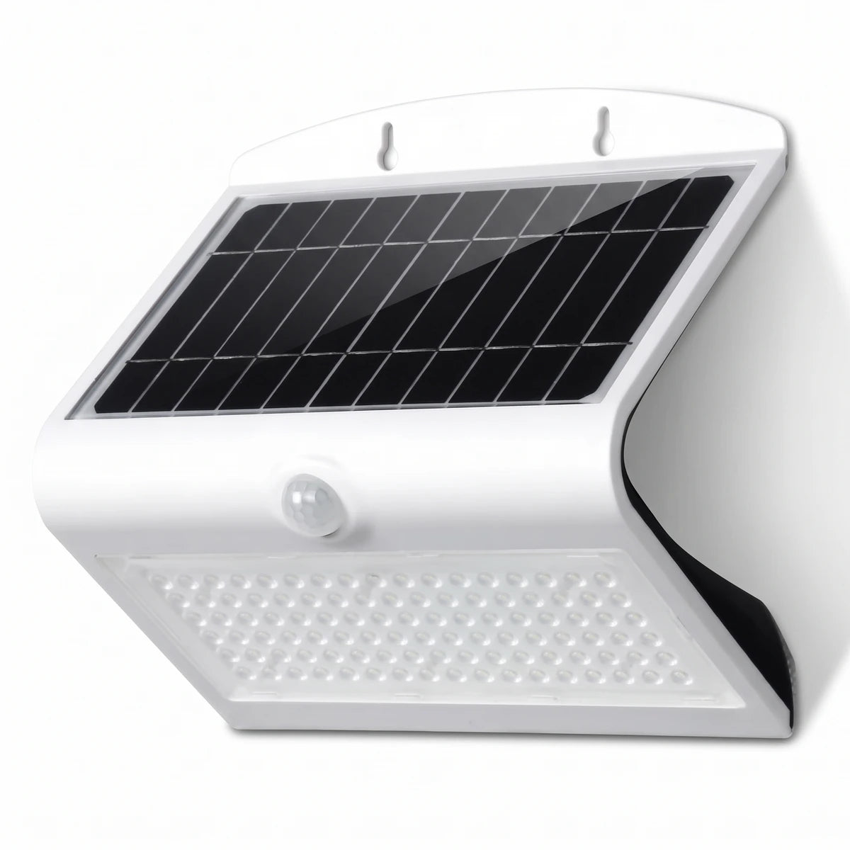White solar-powered outdoor wall light with integrated motion sensor and bright LED illumination, designed for easy mounting.
