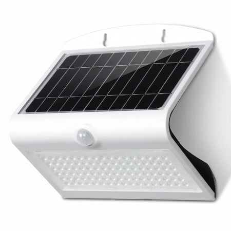 White solar-powered outdoor wall light with integrated motion sensor and bright LED illumination, designed for easy mounting.