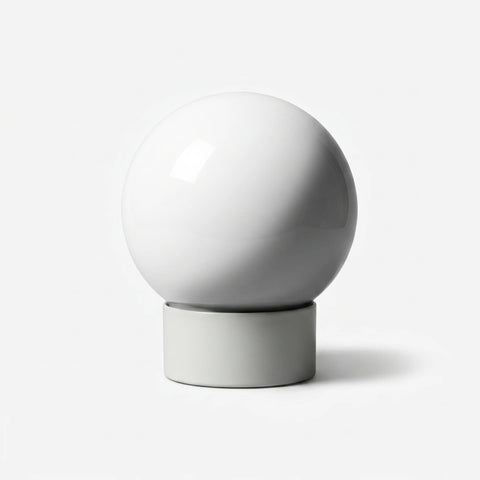 White spherical light fixture with a frosted glass sphere and a cylindrical base, shown against a plain white background.