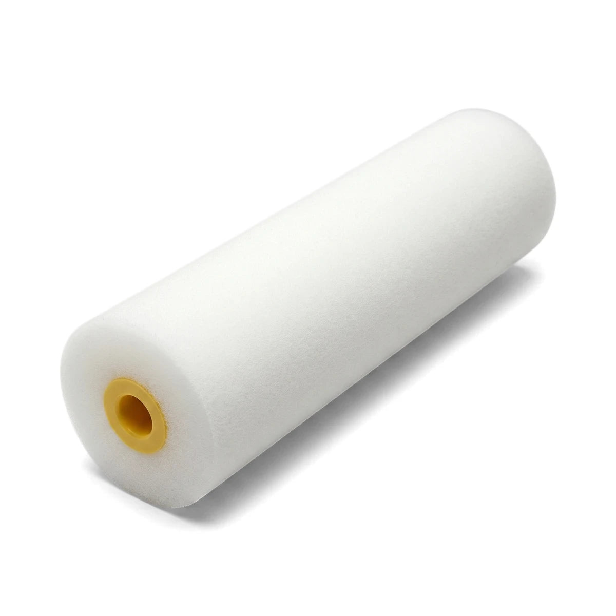 White sponge paint roller, 150mm, with a yellow core visible, shown at an angle on a plain background, ready for painting