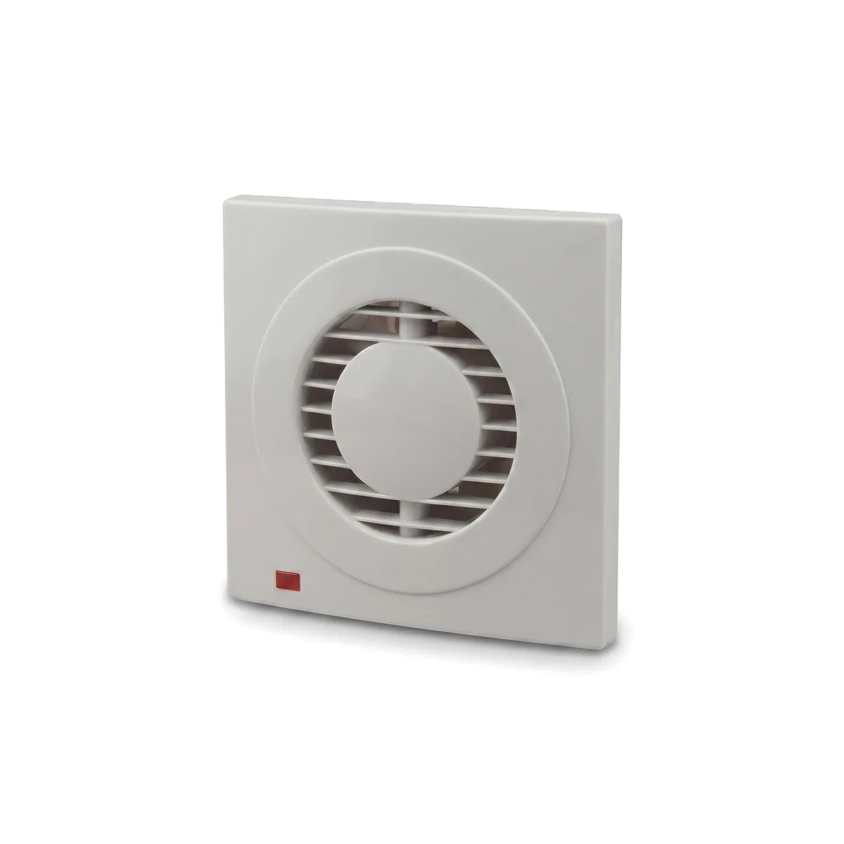 A white square 15W extractor fan with a circular grille and a small red indicator light, shown from an angled view.