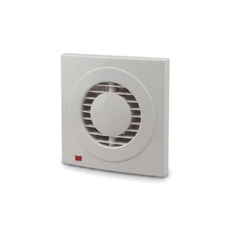 A white square 15W extractor fan with a circular grille and a small red indicator light, shown from an angled view.