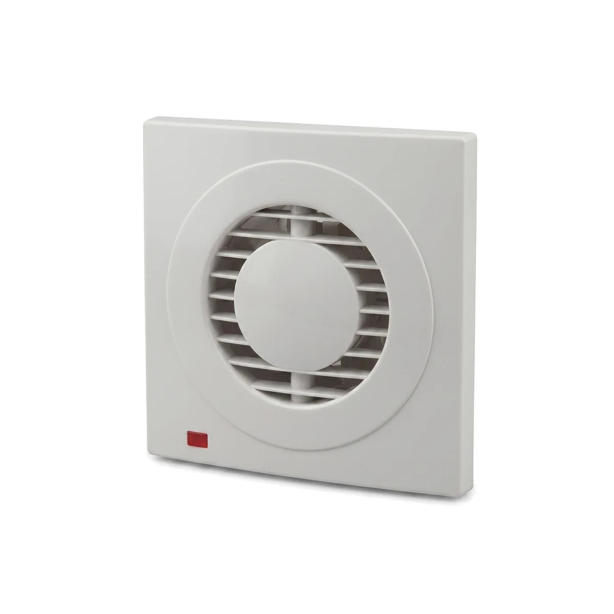 White 20W extractor fan with a square shape and circular grille, featuring horizontal slats and a red indicator light for