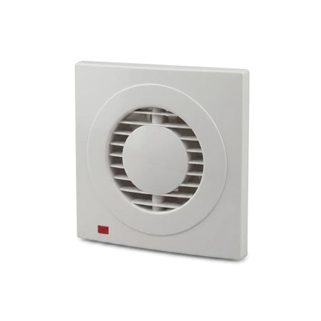 White 20W extractor fan with a square shape and circular grille, featuring horizontal slats and a red indicator light for