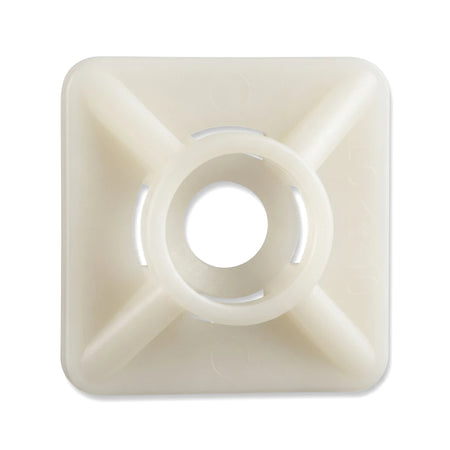 White square plastic cable tie mount pad, 19x19mm, with a central hole for securing cable ties. View shows the front surface