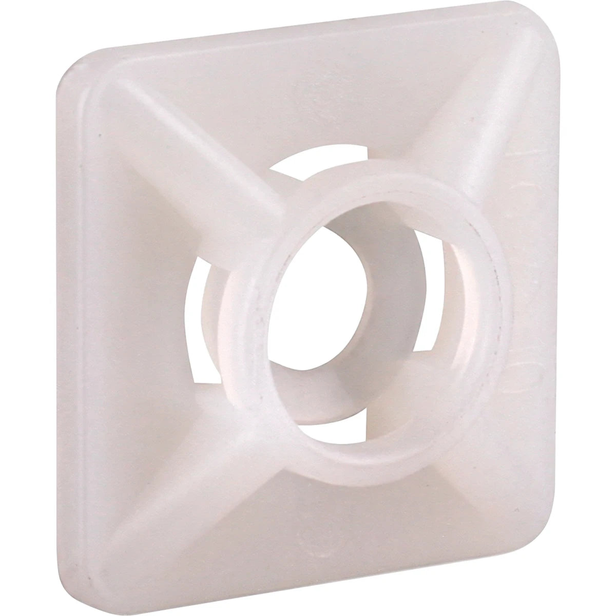 A single white square plastic cable tie mount pad, featuring a central circular opening and four internal supports for cable