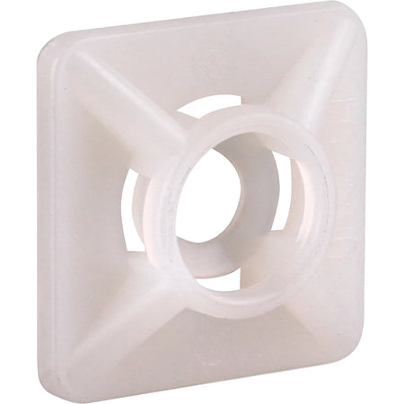 A single white square plastic cable tie mount pad, featuring a central circular opening and four internal supports for cable