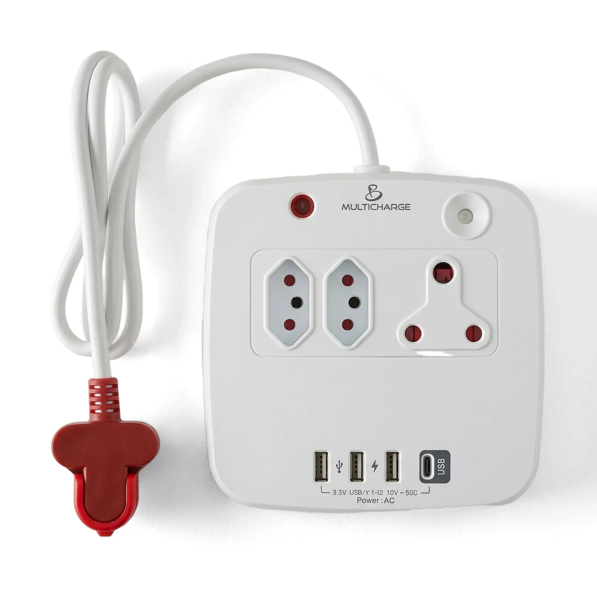 White square USB power hub with high-level surge protection, featuring multiple AC outlets, USB-A and USB-C ports, and a red