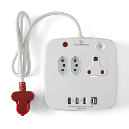 White square USB power hub with high-level surge protection, featuring multiple AC outlets, USB-A and USB-C ports, and a red