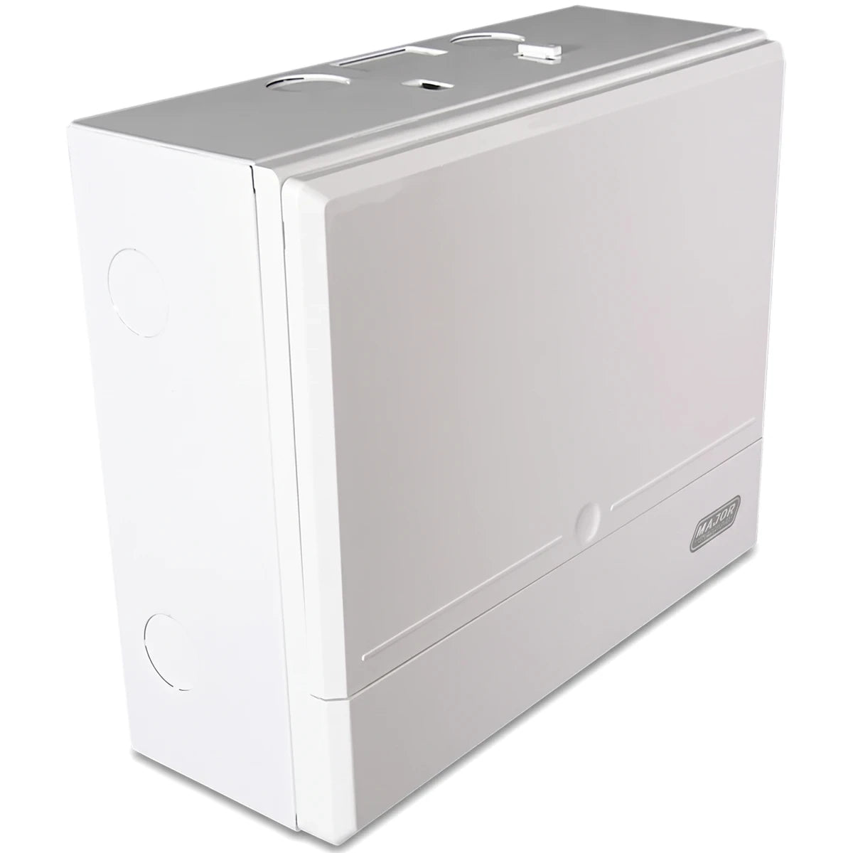 White surface mount electrical distribution board, also known as a surface DB with steel tray, viewed from an angled