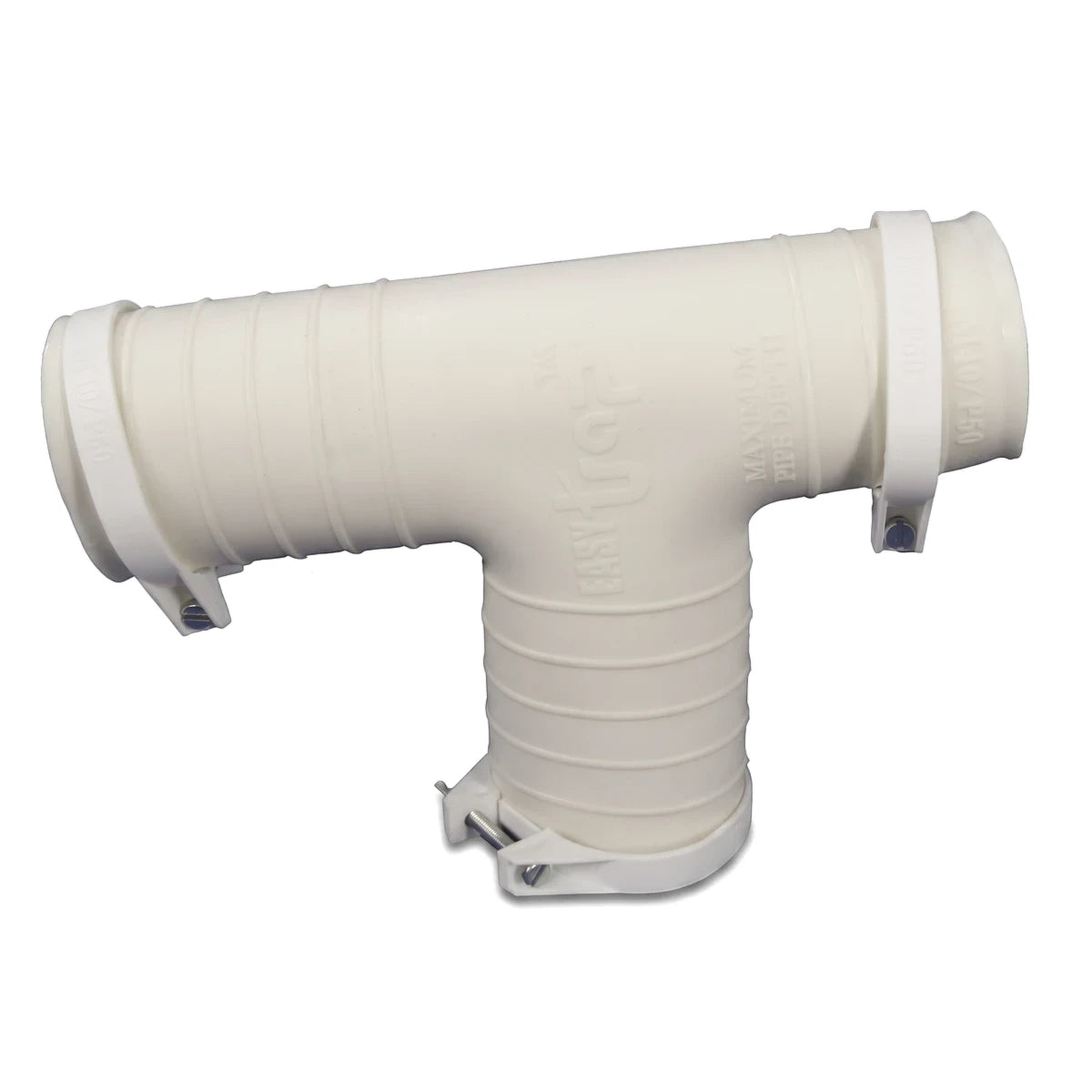 A white T-piece pipe fitting, 50mm x 50mm x 50mm, with ribbed sections and clamps, for plumbing and drainage applications.