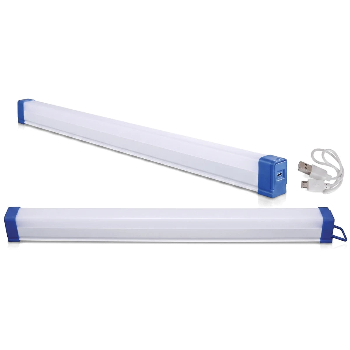 Two white T5 Emergency Lamps with blue end caps and a white USB charging cable on a plain background.