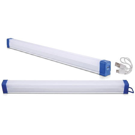 Two white T5 Emergency Lamps with blue end caps and a white USB charging cable on a plain background.