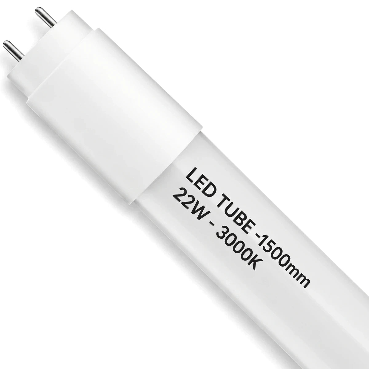 White T8 LED tube light with a 22W, 1500mm, 3000K specification, shown diagonally.