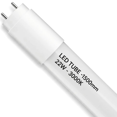 White T8 LED tube light with a 22W, 1500mm, 3000K specification, shown diagonally.