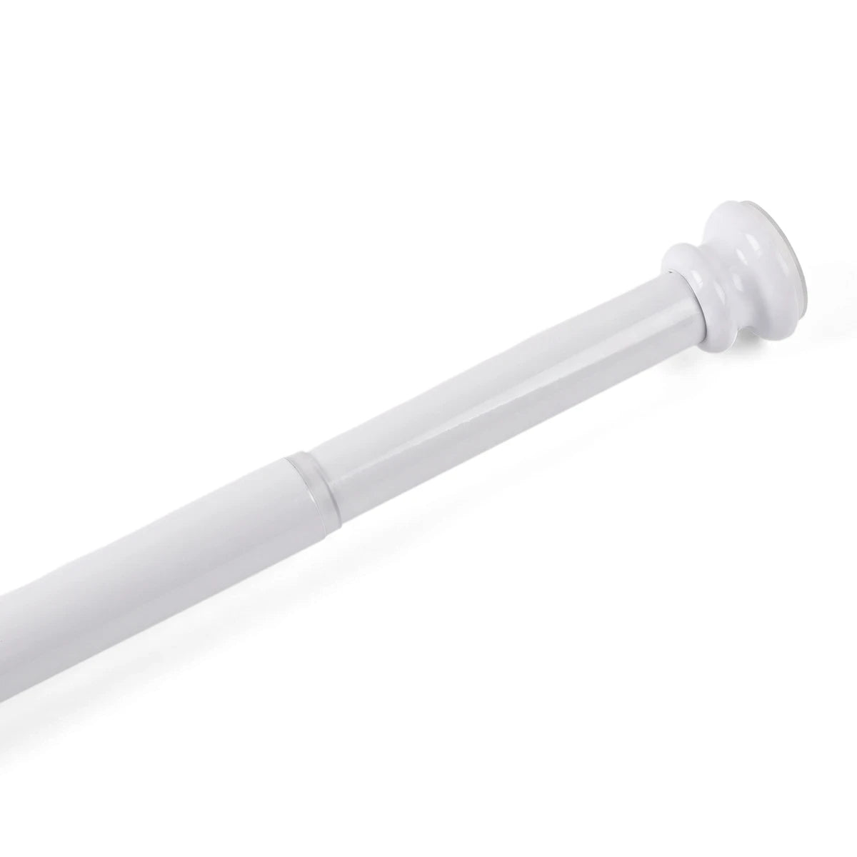 White telescopic shower curtain rod, small size 80-135cm, with decorative end cap for bathroom or closet use.