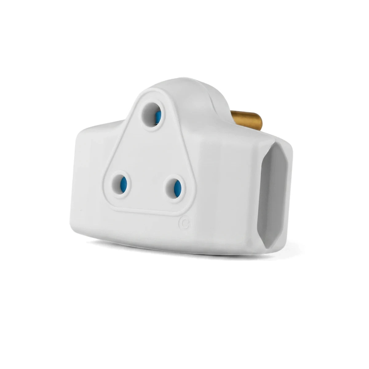 White V 232 electrical adapter with a three-pin socket input and a single prong output, angled view.
