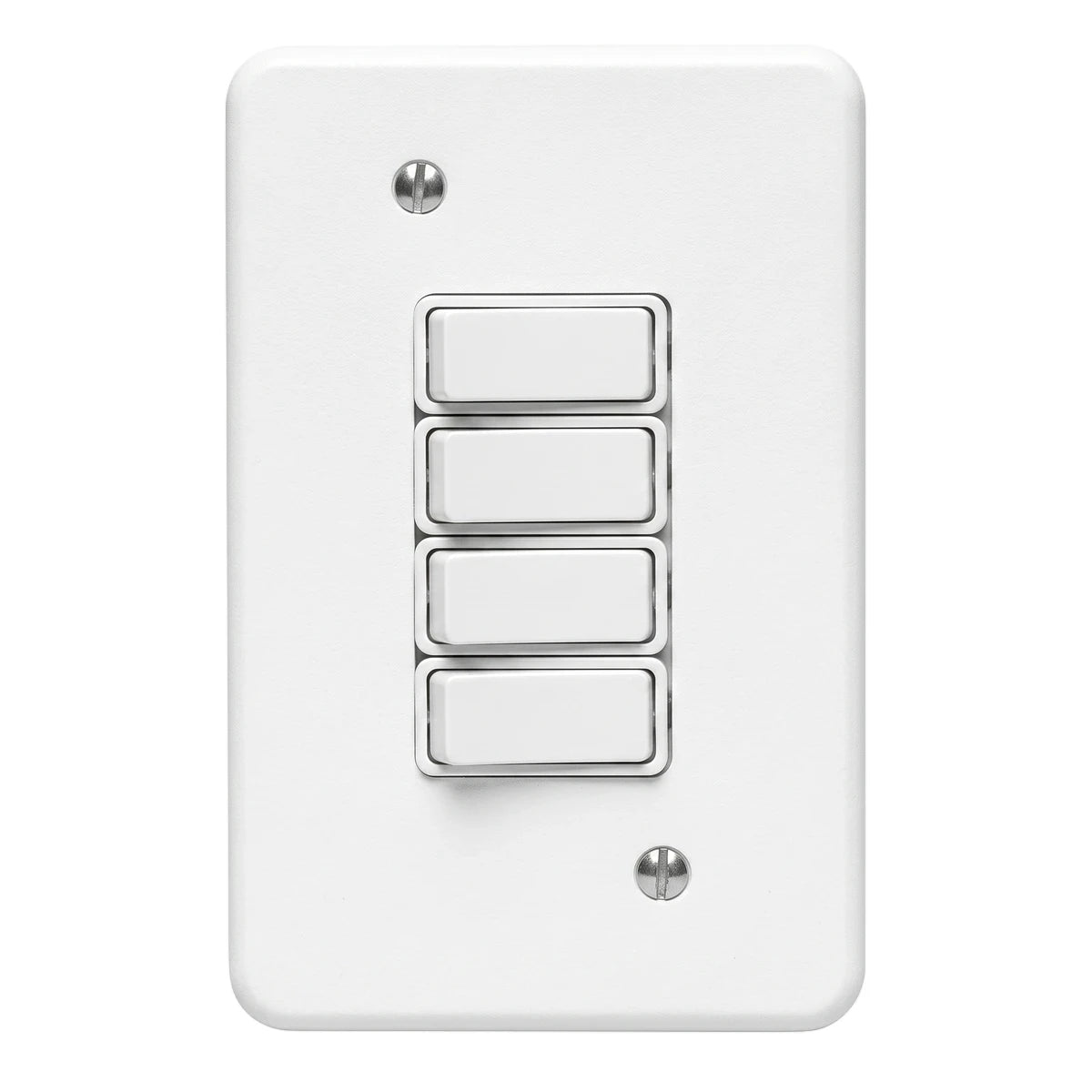 White vertical wall plate socket with four rocker switches and visible mounting screws.