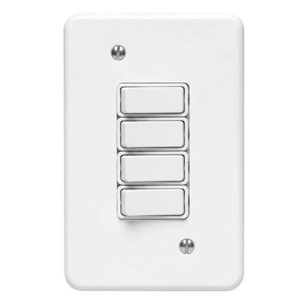 White vertical wall plate socket with four rocker switches and visible mounting screws.