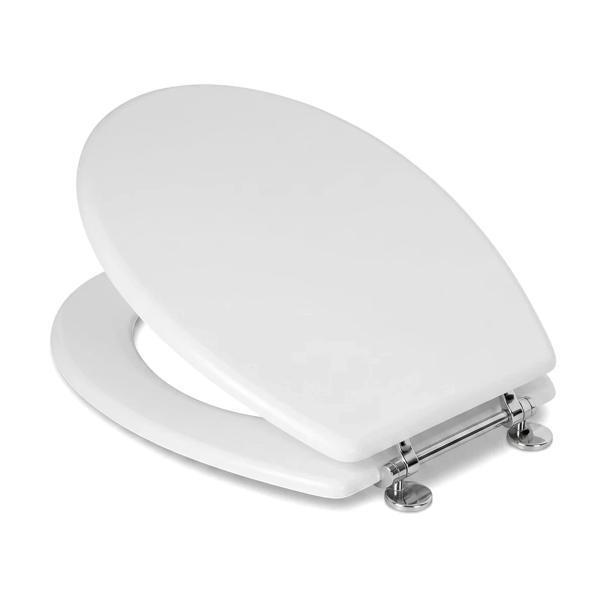 White wood toilet seat with chrome hinge, oval shape, viewed from an elevated angle with lid partially open.
