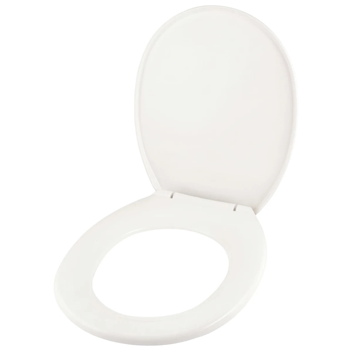White Wood Toilet Seat Lux with lid open, showcasing its smooth design and sturdy hinges from an elevated perspective.