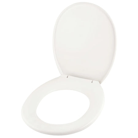 White Wood Toilet Seat Lux with lid open, showcasing its smooth design and sturdy hinges from an elevated perspective.