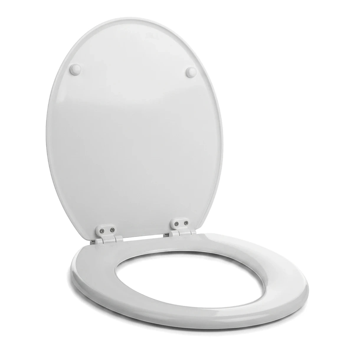 White wood toilet seat with an open lid and silver-colored hinges, shown from a slightly elevated angle.