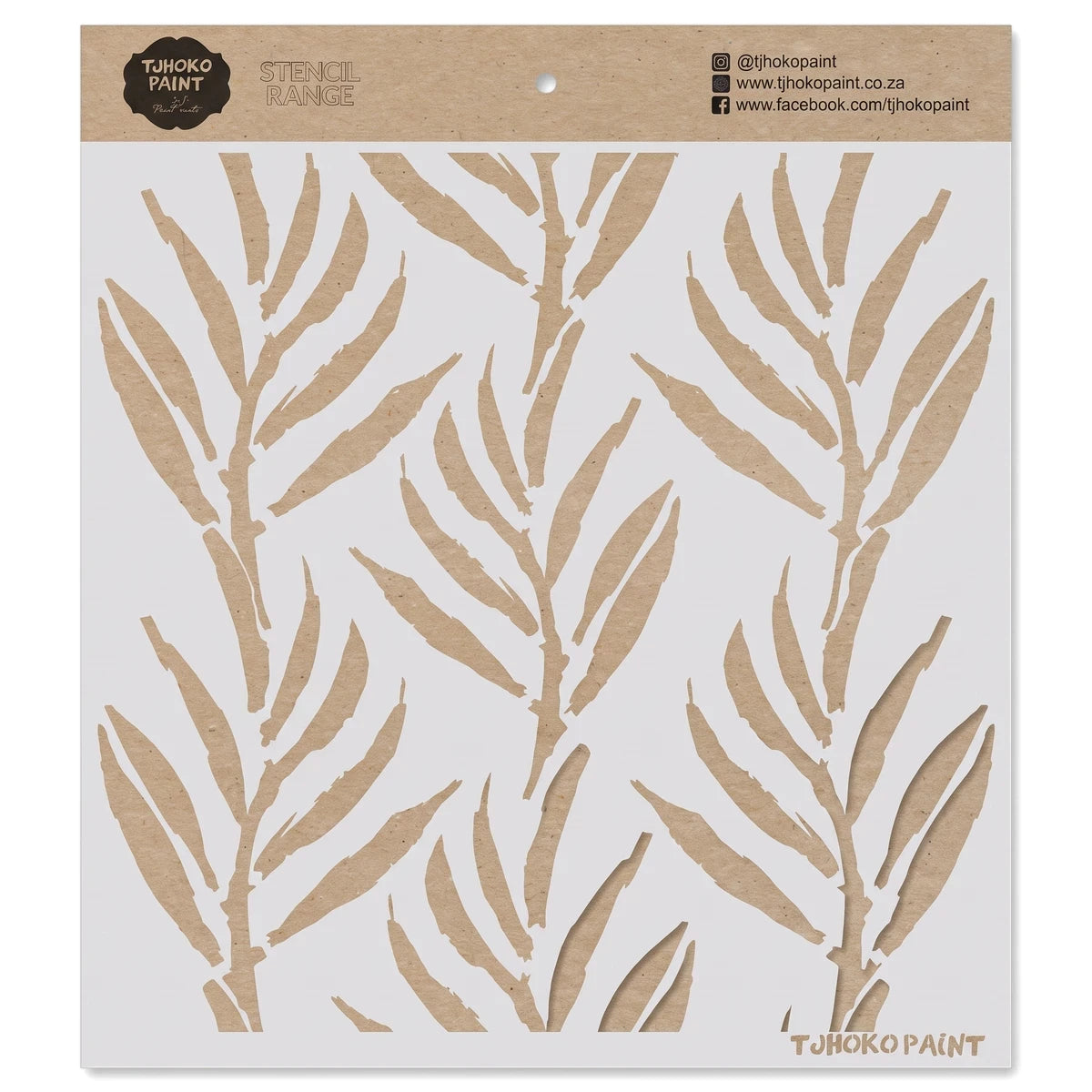 Willow Whispers paint stencil featuring a stylized leaf pattern in brown and light grey for home decor projects.