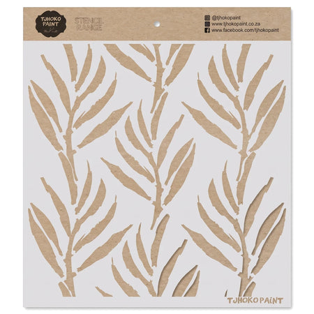 Willow Whispers paint stencil featuring a stylized leaf pattern in brown and light grey for home decor projects.