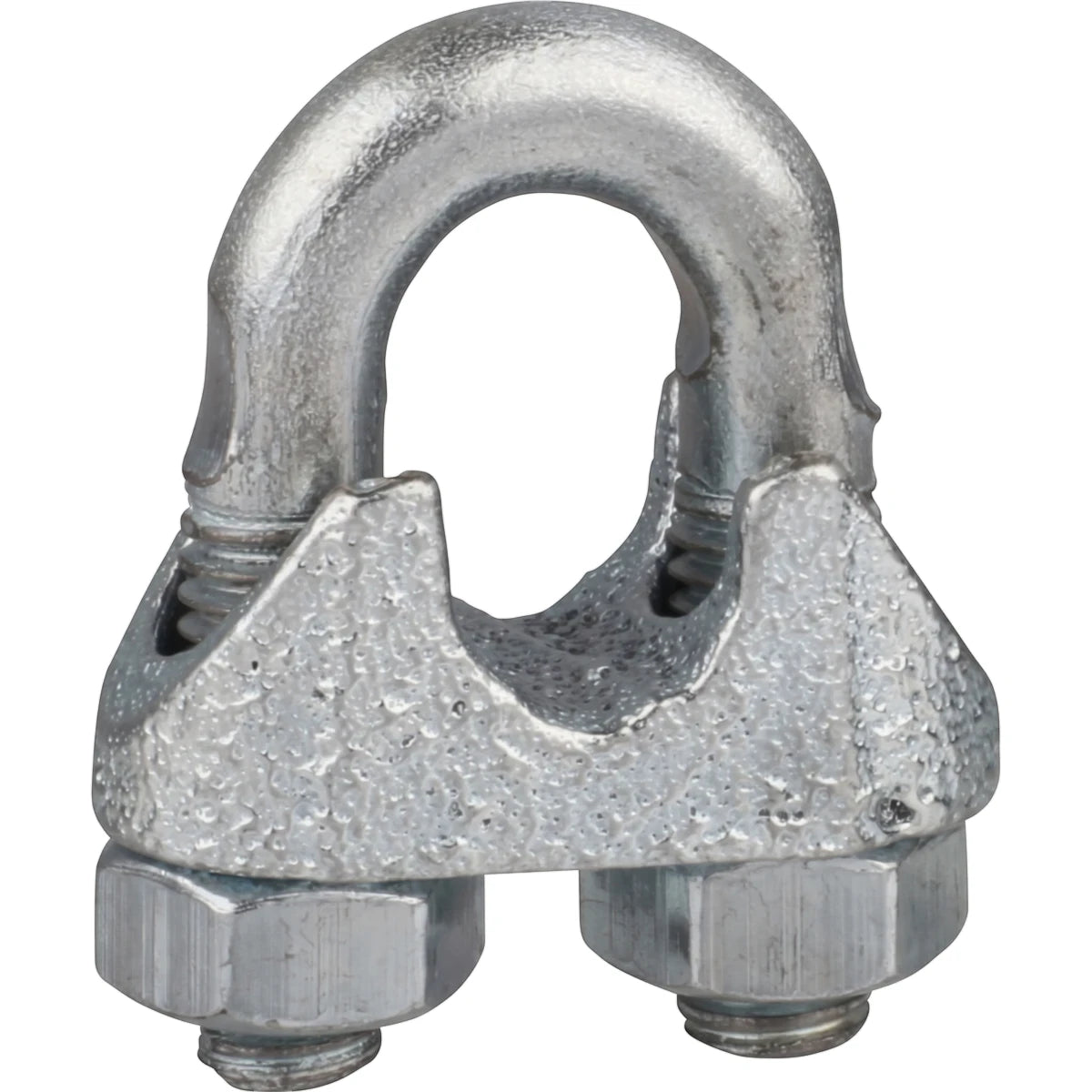 Galvanized metal wire rope clamp (ferrule) in silver-grey, showing the U-bolt, saddle, and two nuts from a slightly angled