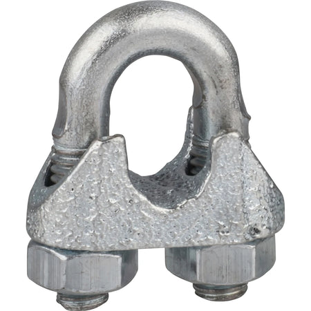 Galvanized metal wire rope clamp (ferrule) in silver-grey, showing the U-bolt, saddle, and two nuts from a slightly angled
