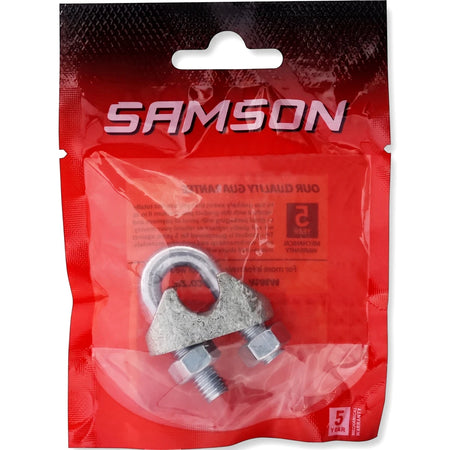 Wire Rope Clamp M10 in clear red plastic packaging, showcasing a galvanized metal U-bolt and two nuts.