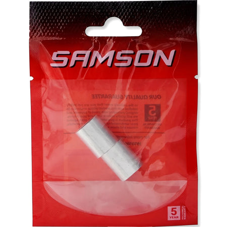 Wire Rope Ferrule 5 mm wire rope clamp, silver metal sleeve shown in retail bag, 2 pc pack