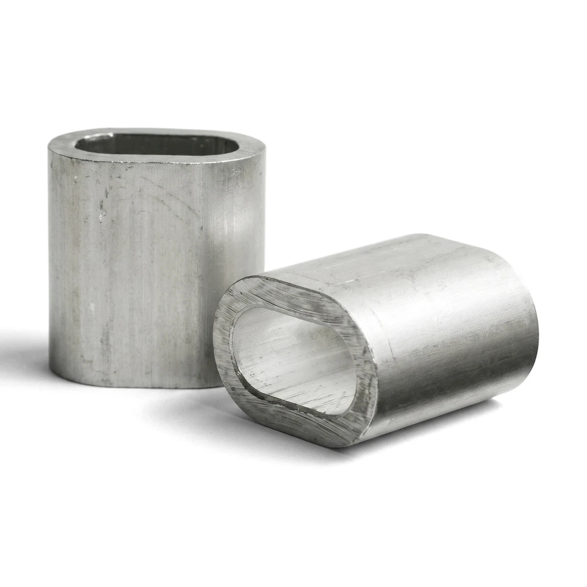 Two silver 8 mm wire rope ferrules, also known as wire rope clamps, displayed against a plain white background.