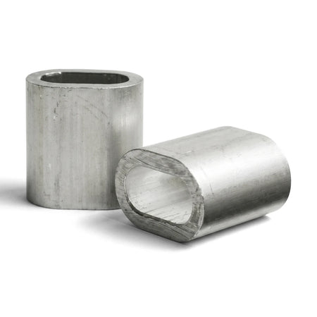 Two silver 8 mm wire rope ferrules, also known as wire rope clamps, displayed against a plain white background.