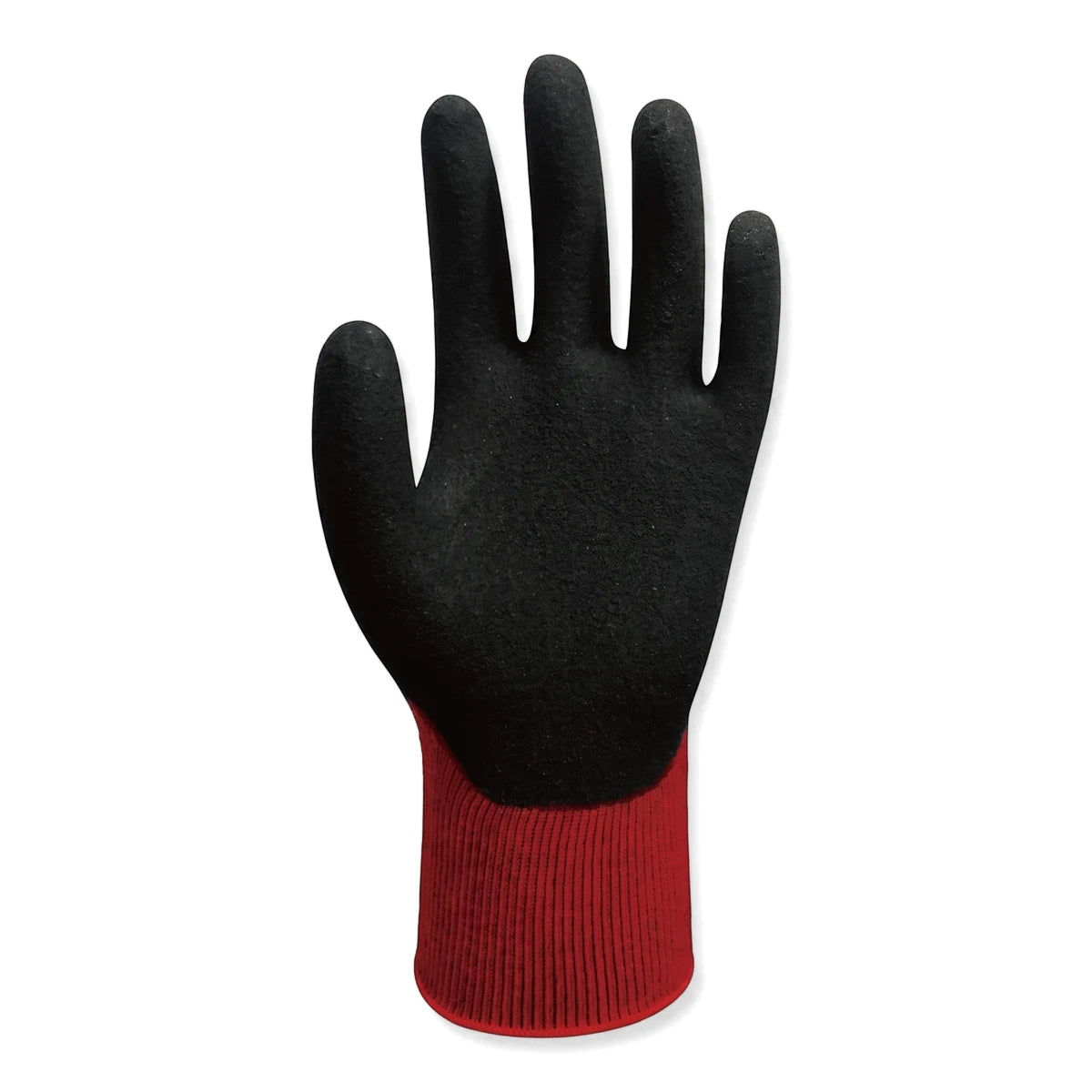 Black and red Wonder Grip Flex Gloves shown from a palm perspective, featuring a textured black hand and a ribbed red cuff,