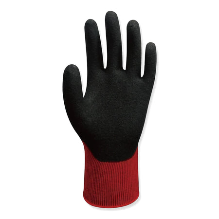 Black and red Wonder Grip Flex Gloves shown from a palm perspective, featuring a textured black hand and a ribbed red cuff,