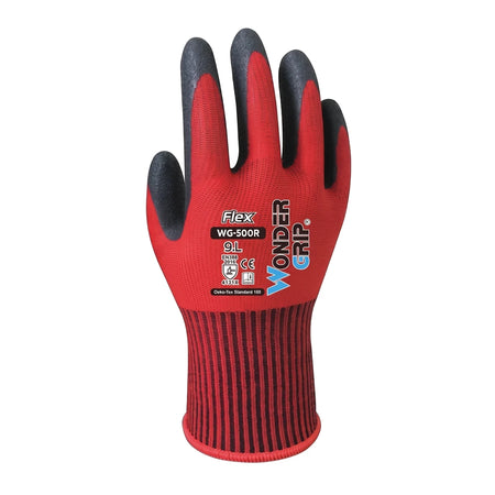 Red and black Wonder Grip Flex protective work gloves with a nitrile-coated palm and fingertips for safety.
