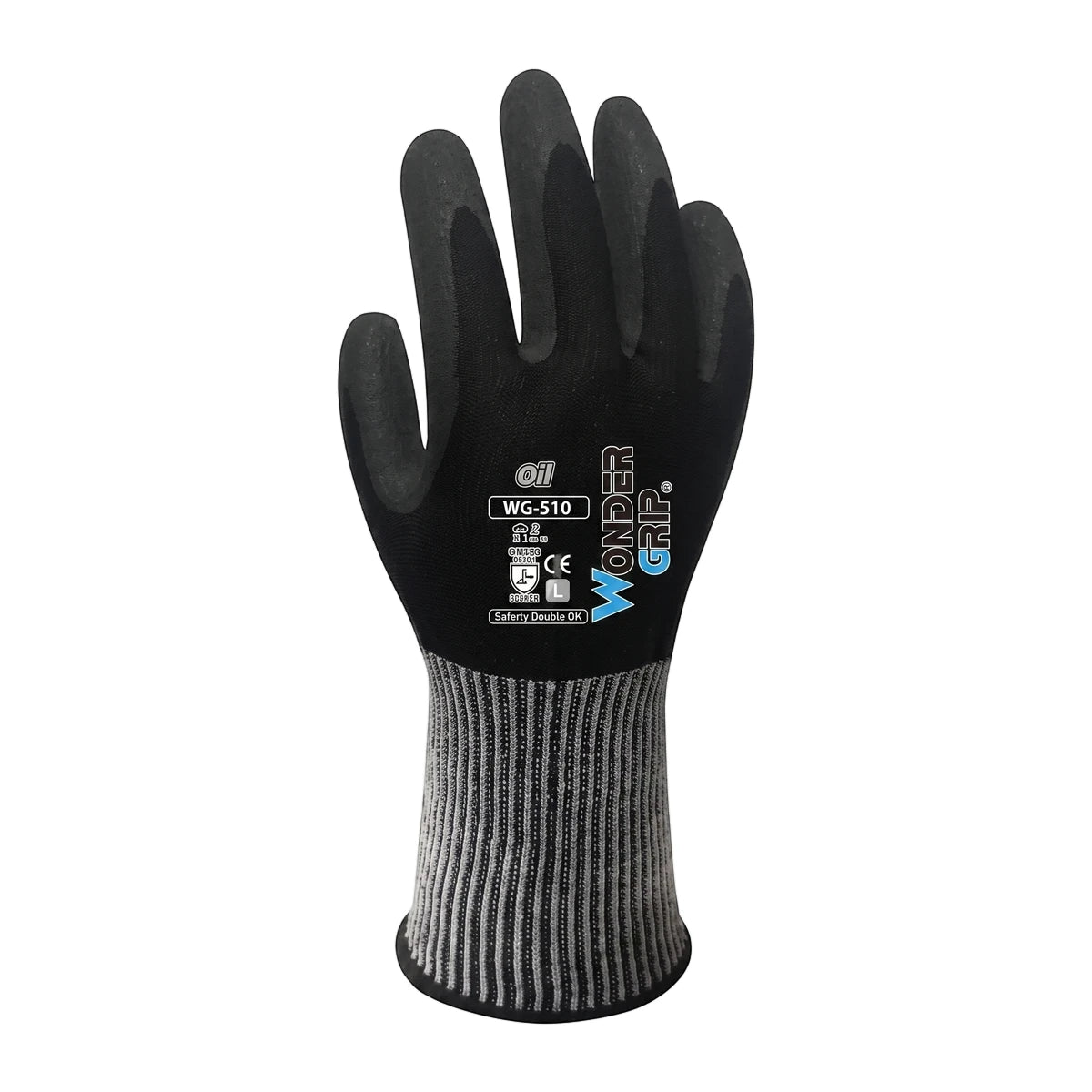 Black Wonder Grip oil-resistant work gloves with a textured grey cuff, shown vertically from a front view.