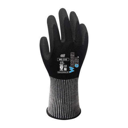 Black Wonder Grip oil-resistant work gloves with a textured grey cuff, shown vertically from a front view.